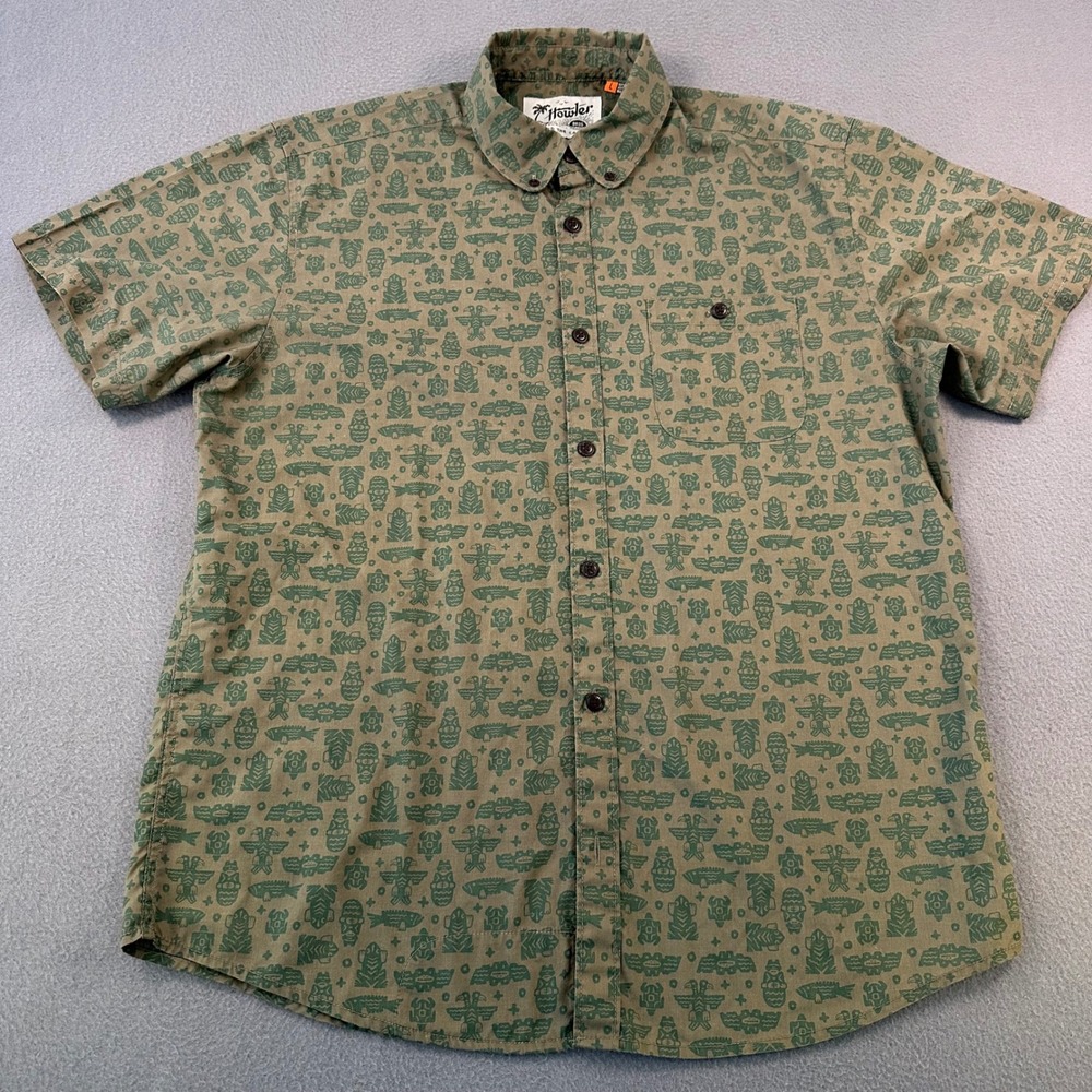 Howler Bros Mens Large Green Tiki Frog Graphic Short Sleeve Button Down Shirt